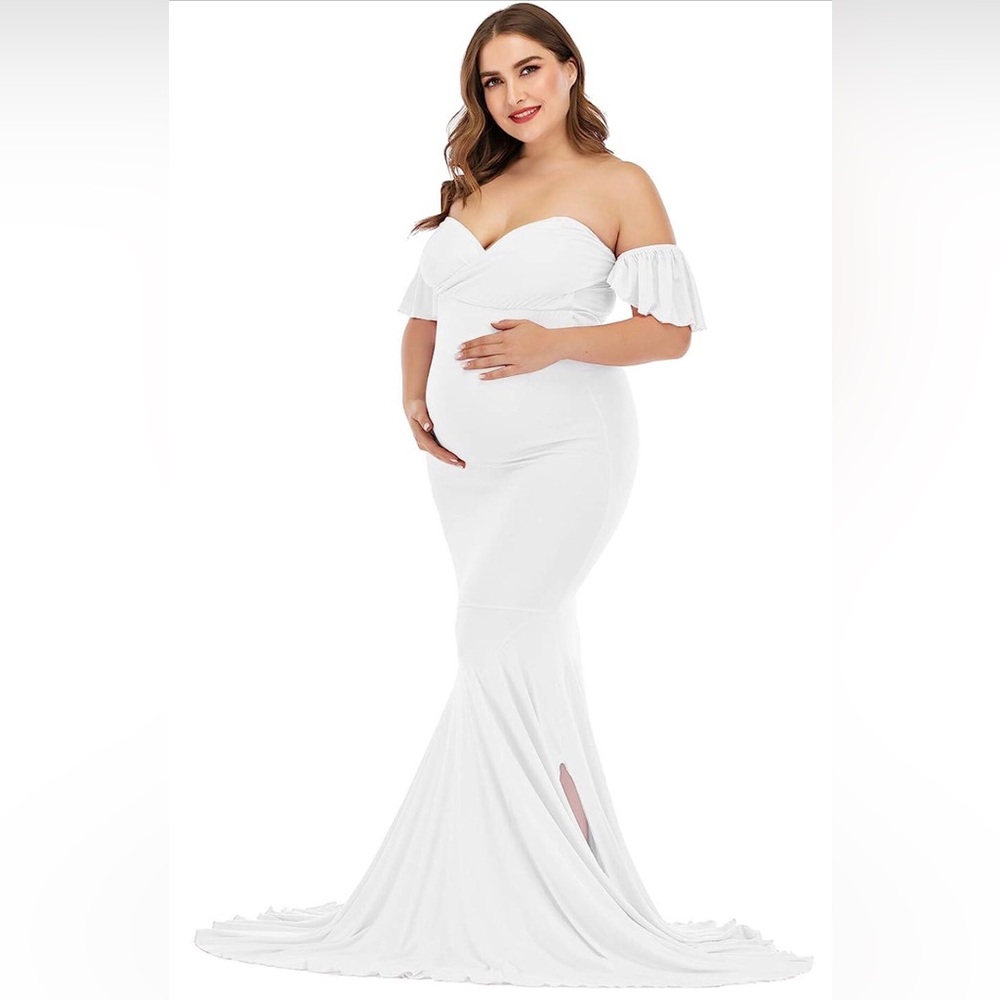 Women’s white off the shoulder deep v bodycon long tail dress in size xl
